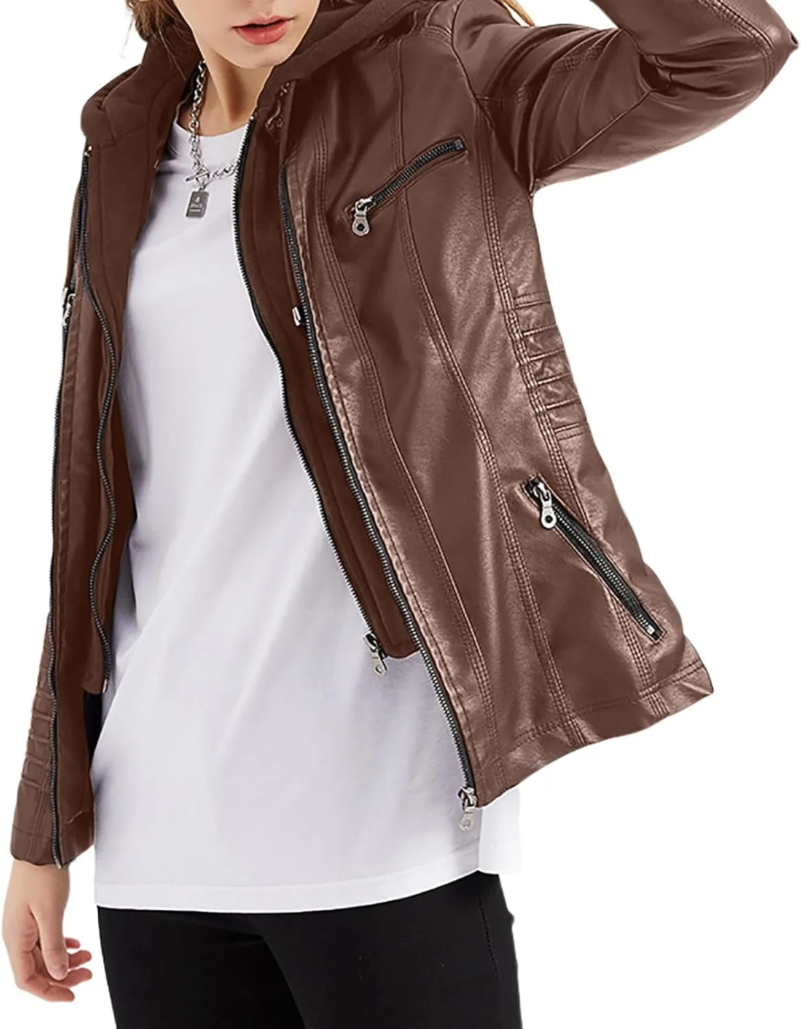 Lmdudan Hooded Leather Jacket for Women Motorcycle Coat Plus Size Long Sleeve Zipper Faux Leather Jackets Outwear & Pockets