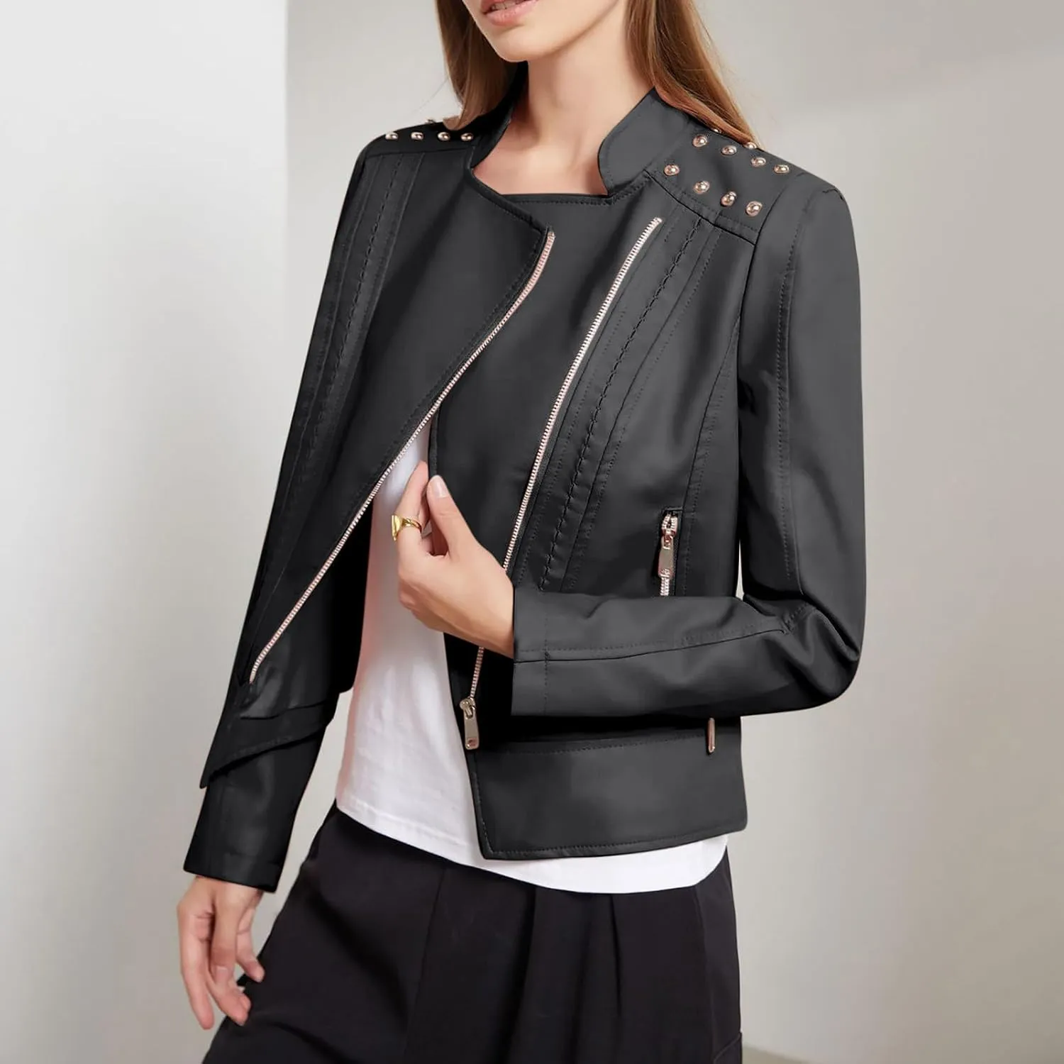 Lmdudan Plus Size Women's Faux Leather Jacket Ladies Moto Biker Zipper Fitted Slim Coat Outwear 2023 Fashion Tops Outfits