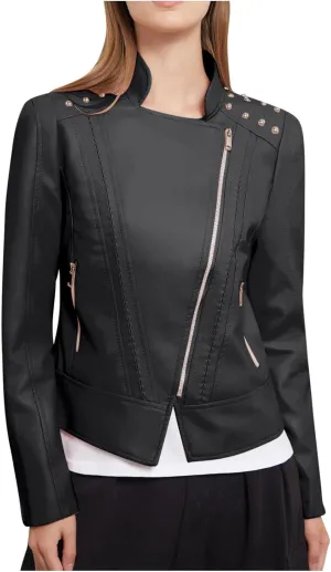 Lmdudan Plus Size Women's Faux Leather Jacket Ladies Moto Biker Zipper Fitted Slim Coat Outwear 2023 Fashion Tops Outfits