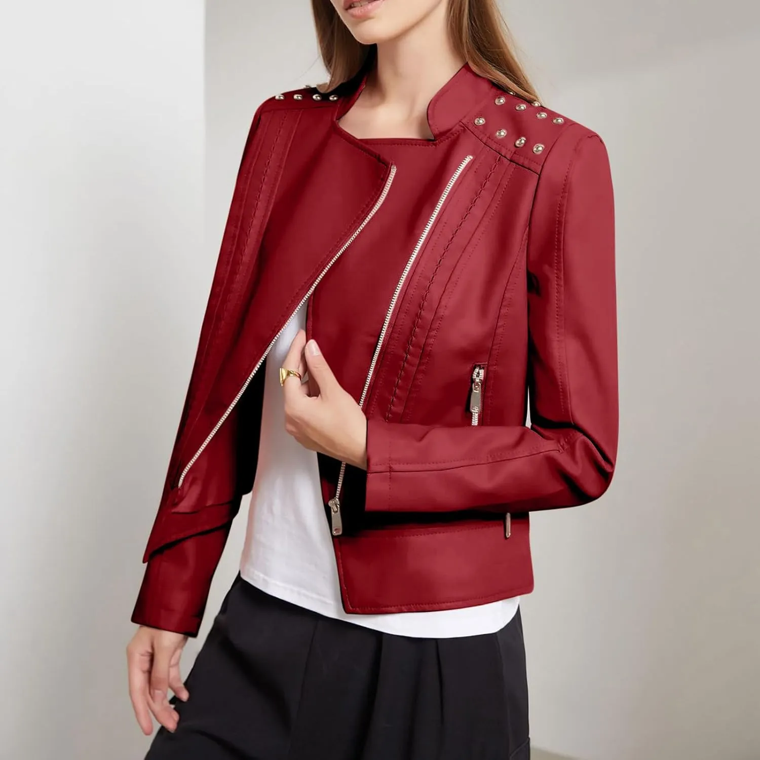 Lmdudan Plus Size Women's Faux Leather Jacket Ladies Moto Biker Zipper Fitted Slim Coat Outwear 2023 Fashion Tops Outfits