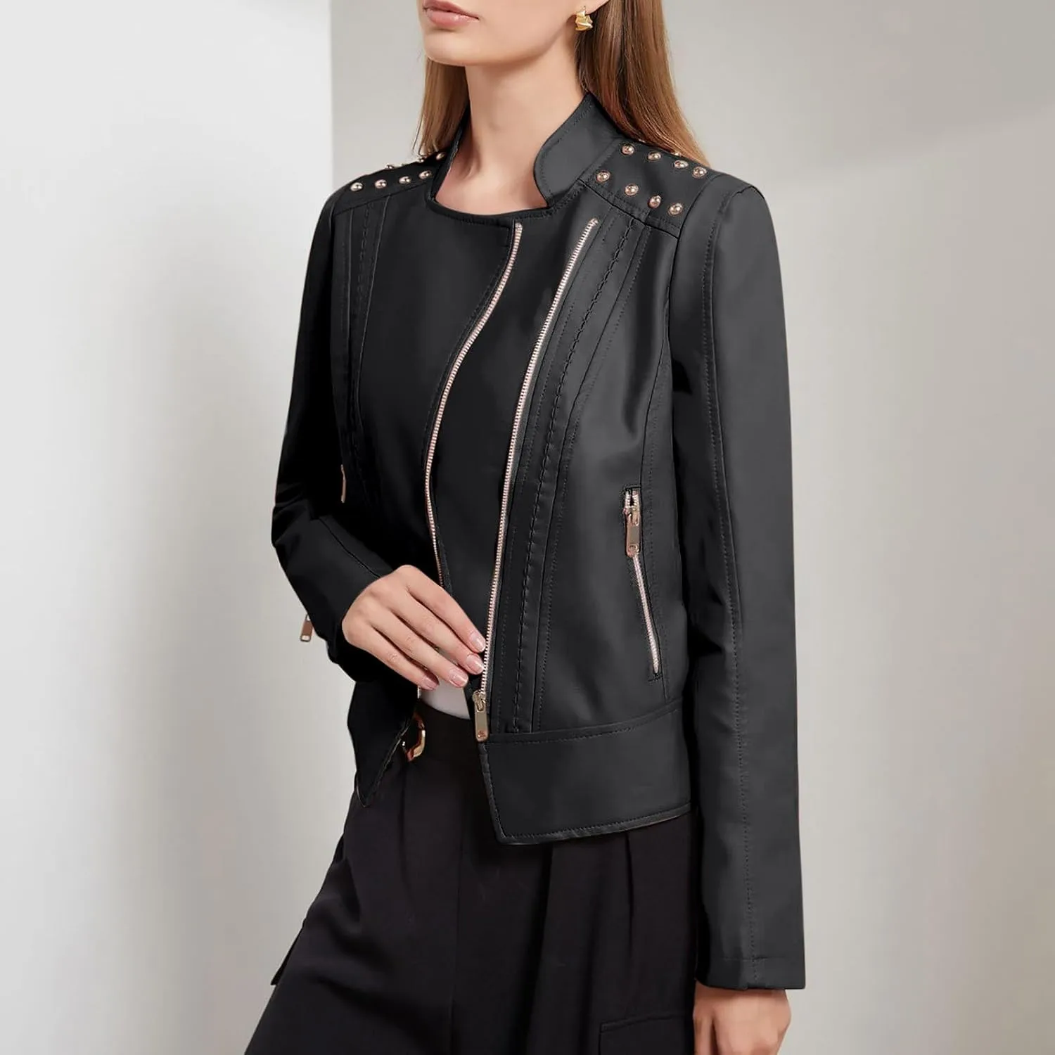 Lmdudan Plus Size Women's Faux Leather Jacket Ladies Moto Biker Zipper Fitted Slim Coat Outwear 2023 Fashion Tops Outfits
