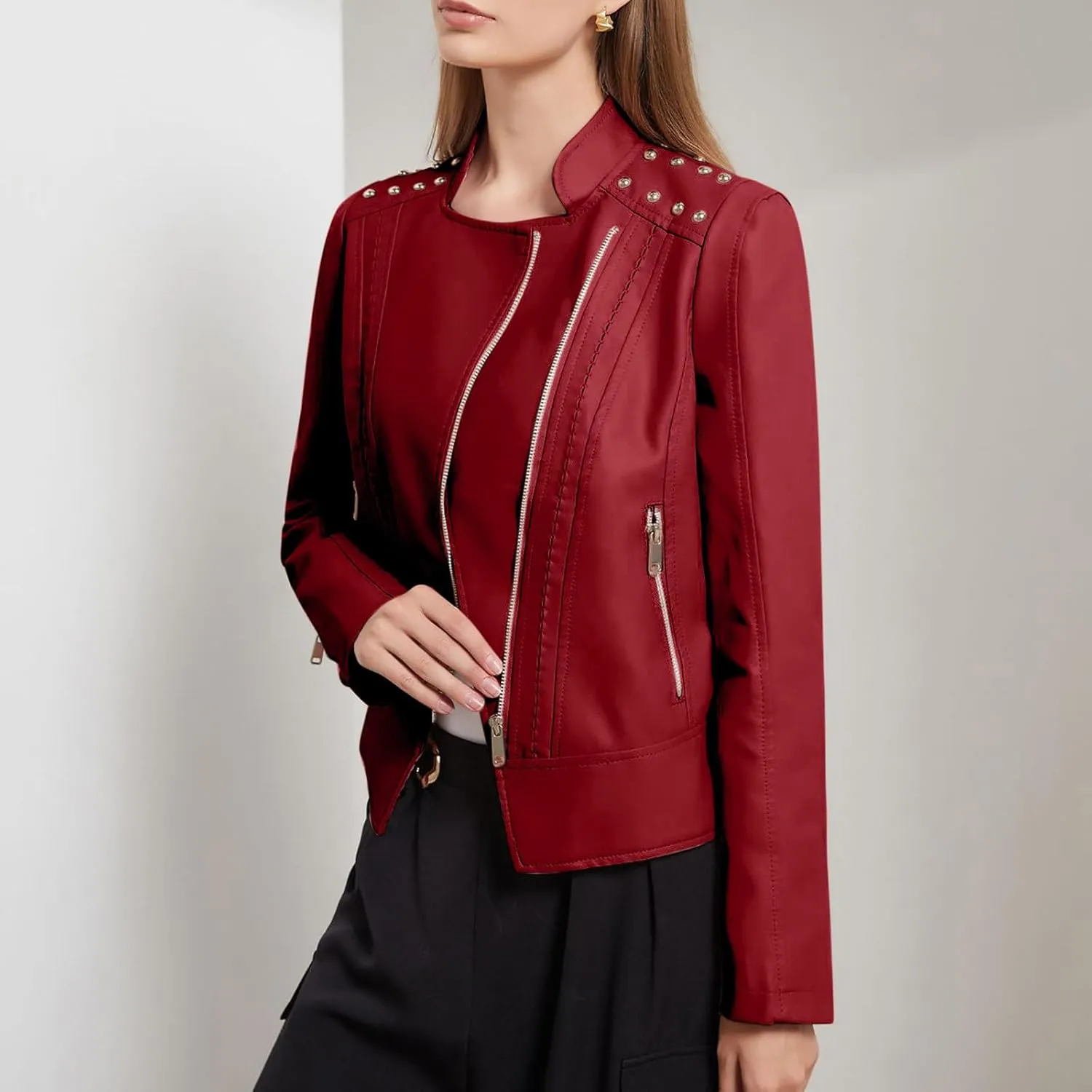 Lmdudan Plus Size Women's Faux Leather Jacket Ladies Moto Biker Zipper Fitted Slim Coat Outwear 2023 Fashion Tops Outfits