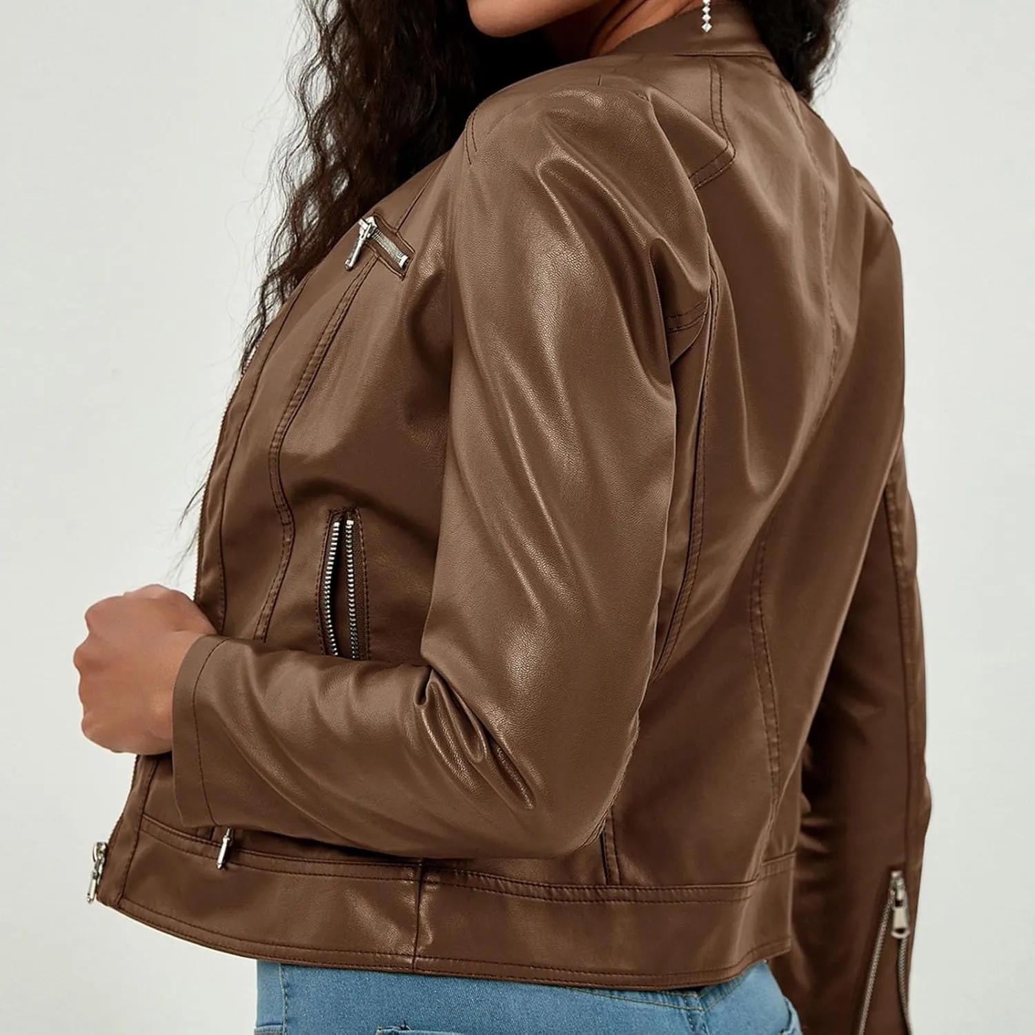 Lmdudan Sexy Faux Leather Short Jacket for Women Long Sleeve Zipper Coats Fashion Solid Color Casual Outwear Tops with Pocket
