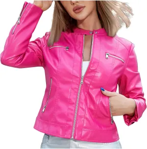 Lmdudan Sexy Faux Leather Short Jacket for Women Long Sleeve Zipper Coats Fashion Solid Color Casual Outwear Tops with Pocket