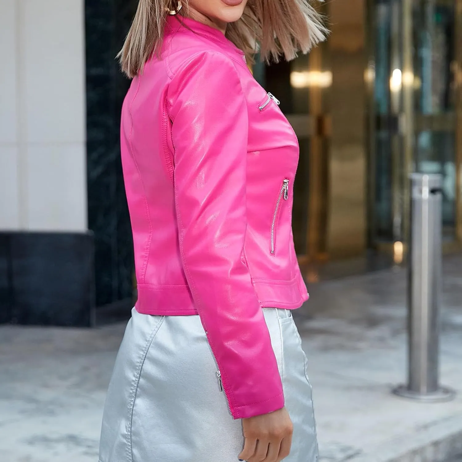 Lmdudan Sexy Faux Leather Short Jacket for Women Long Sleeve Zipper Coats Fashion Solid Color Casual Outwear Tops with Pocket