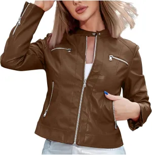 Lmdudan Sexy Faux Leather Short Jacket for Women Long Sleeve Zipper Coats Fashion Solid Color Casual Outwear Tops with Pocket