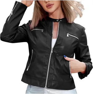 Lmdudan Sexy Faux Leather Short Jacket for Women Long Sleeve Zipper Coats Fashion Solid Color Casual Outwear Tops with Pocket