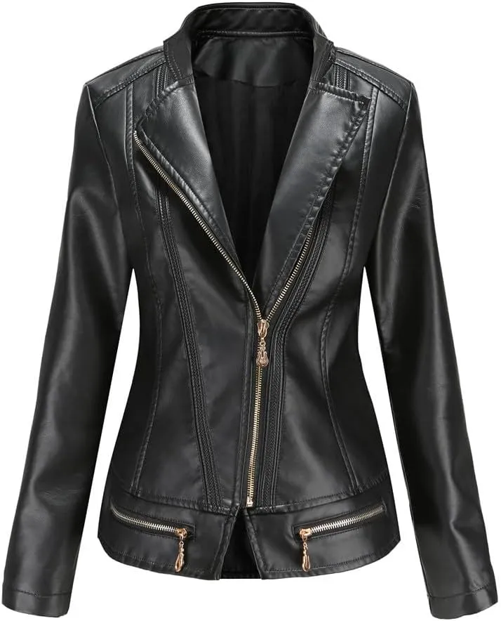 Lmdudan Women's Faux Leather Short Jacket Fashion Zipper PU Slim Short Motorcycle Coat Casual Comfy Outwear with Pockets