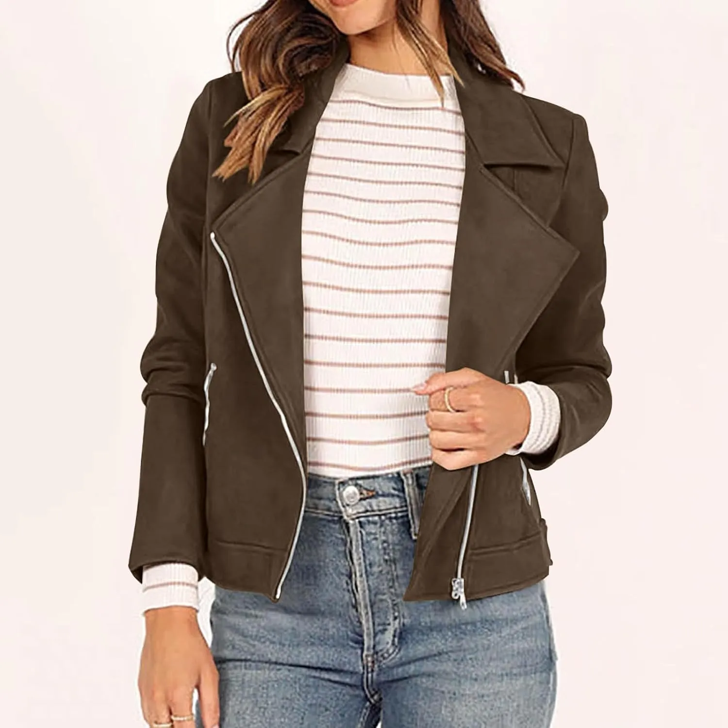 Lmdudan Womens Leather Jacket Faux Suede Biker Moto Coat 2023 Fashion Long Sleeve Zipped Notch Collar Outwear Solid Color Top