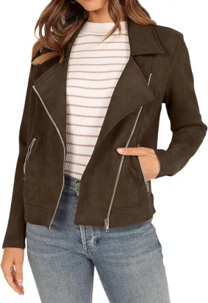 Lmdudan Womens Leather Jacket Faux Suede Biker Moto Coat 2023 Fashion Long Sleeve Zipped Notch Collar Outwear Solid Color Top