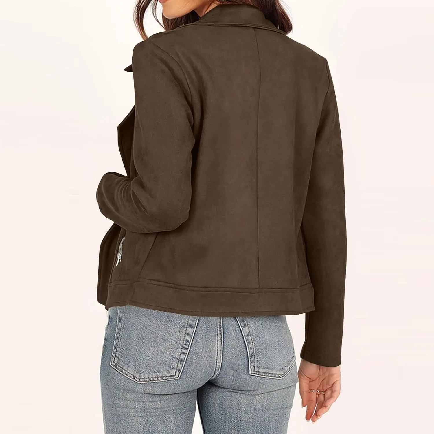 Lmdudan Womens Leather Jacket Faux Suede Biker Moto Coat 2023 Fashion Long Sleeve Zipped Notch Collar Outwear Solid Color Top