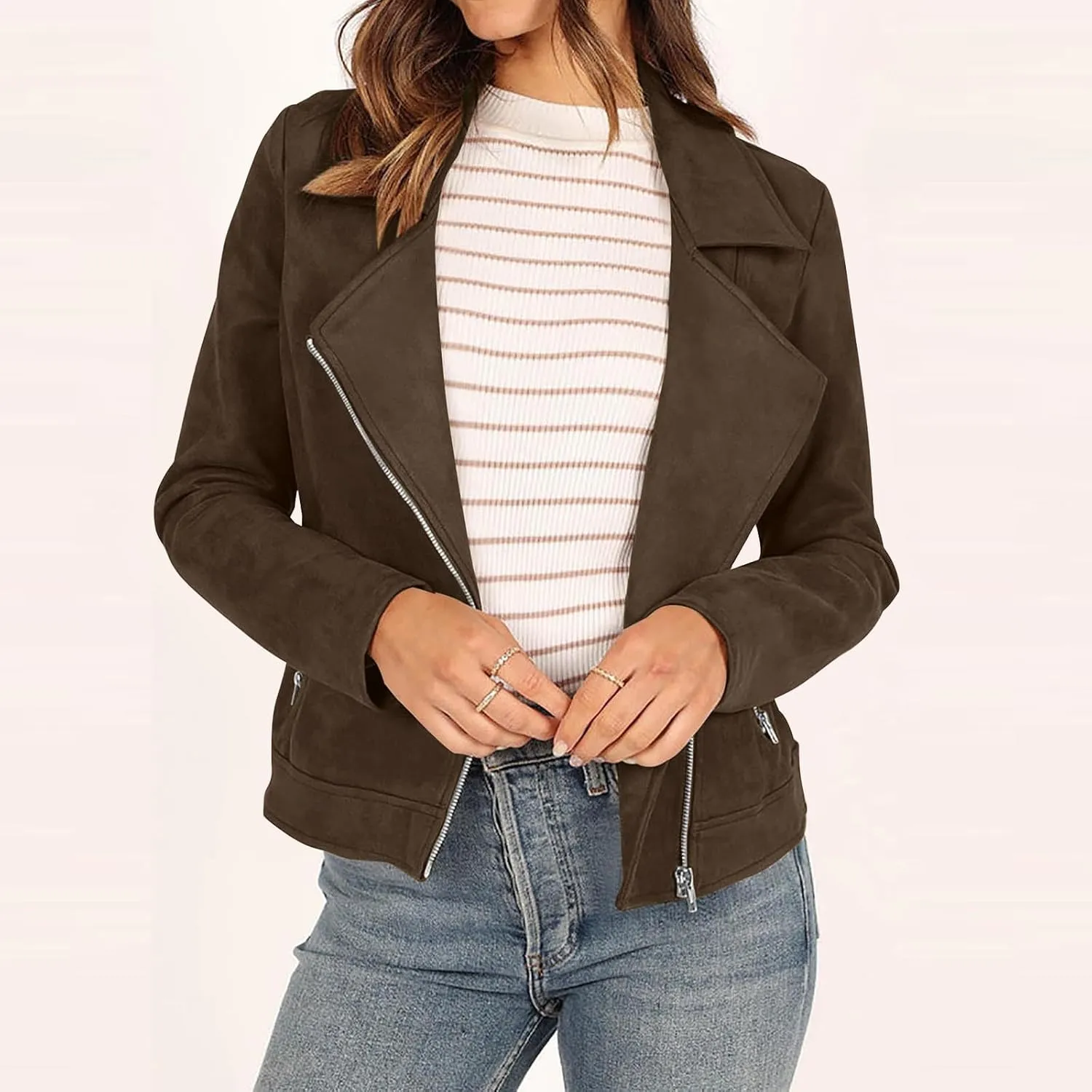 Lmdudan Womens Leather Jacket Faux Suede Biker Moto Coat 2023 Fashion Long Sleeve Zipped Notch Collar Outwear Solid Color Top