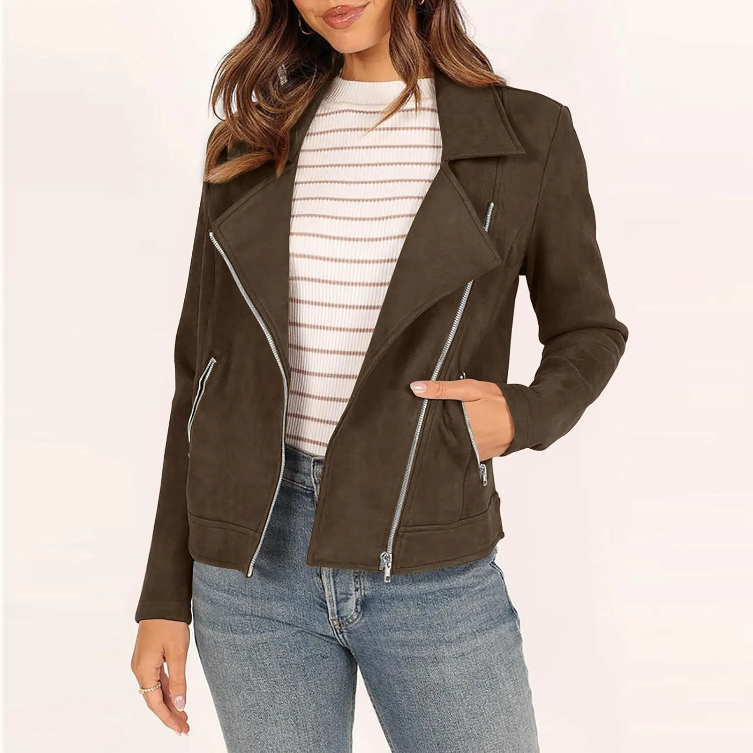 Lmdudan Womens Leather Jacket Faux Suede Biker Moto Coat 2023 Fashion Long Sleeve Zipped Notch Collar Outwear Solid Color Top