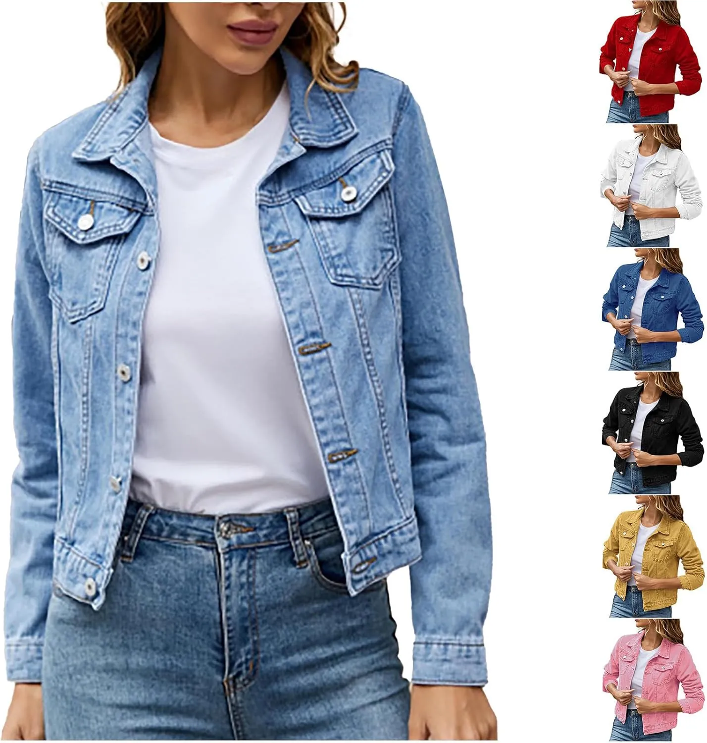 Lmdudan Women's Long Sleeve Button Down Wash Denim Jacket Ladies Retro Western Jean Jacket Winter Fall Coat Tops & Pockets