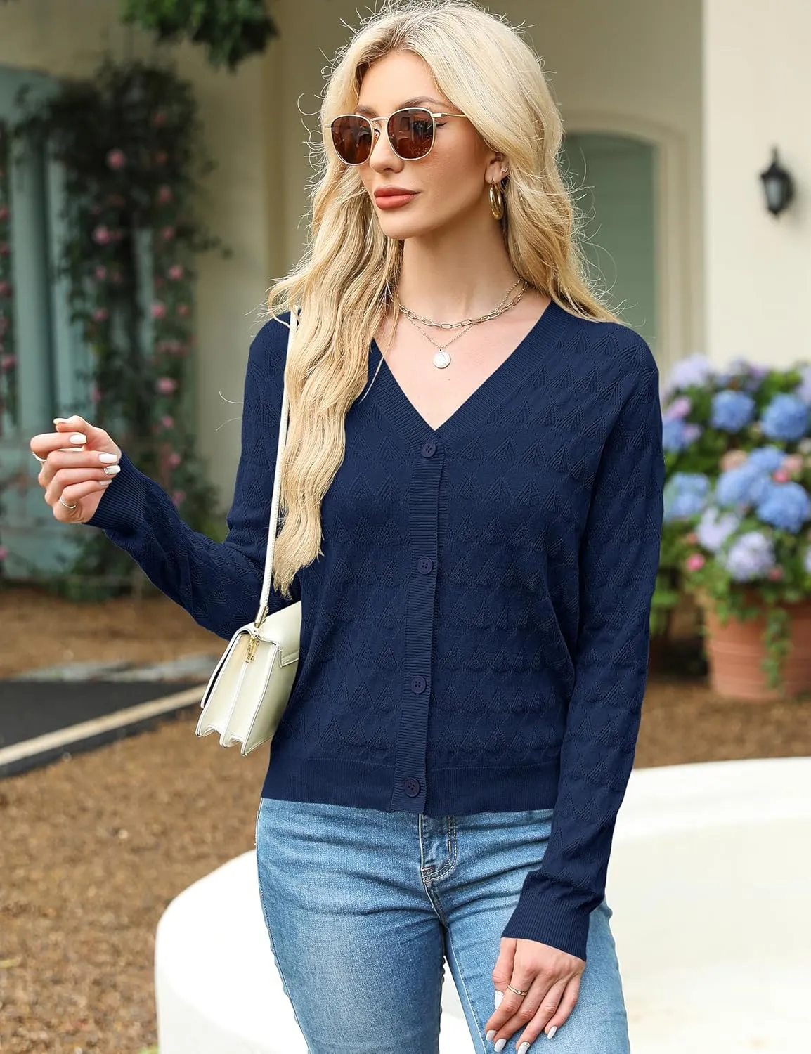 LOMON Cardigan for Women Lightweight Button Down Crochet Knit V Neck Cardigan Sweater