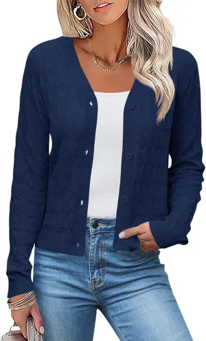LOMON Cardigan for Women Lightweight Button Down Crochet Knit V Neck Cardigan Sweater