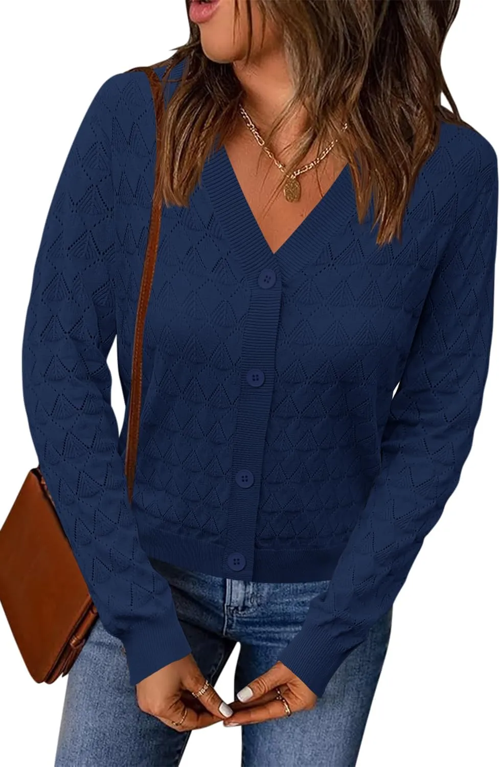 LOMON Cardigan for Women Lightweight Button Down Crochet Knit V Neck Cardigan Sweater