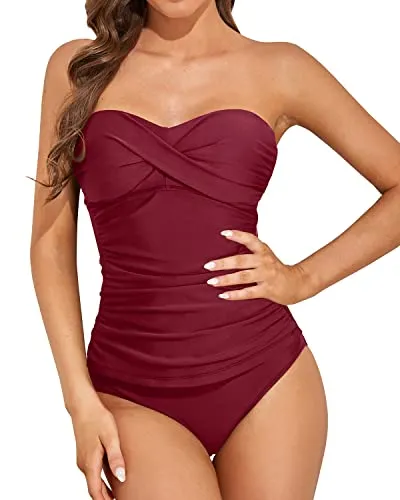 Long Bandeau Tankini Bathing Suits For Women-Maroon