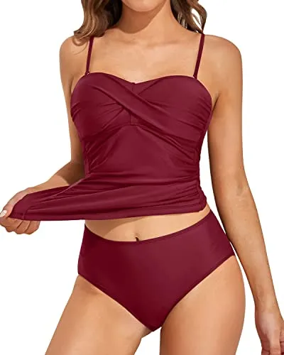 Long Bandeau Tankini Bathing Suits For Women-Maroon