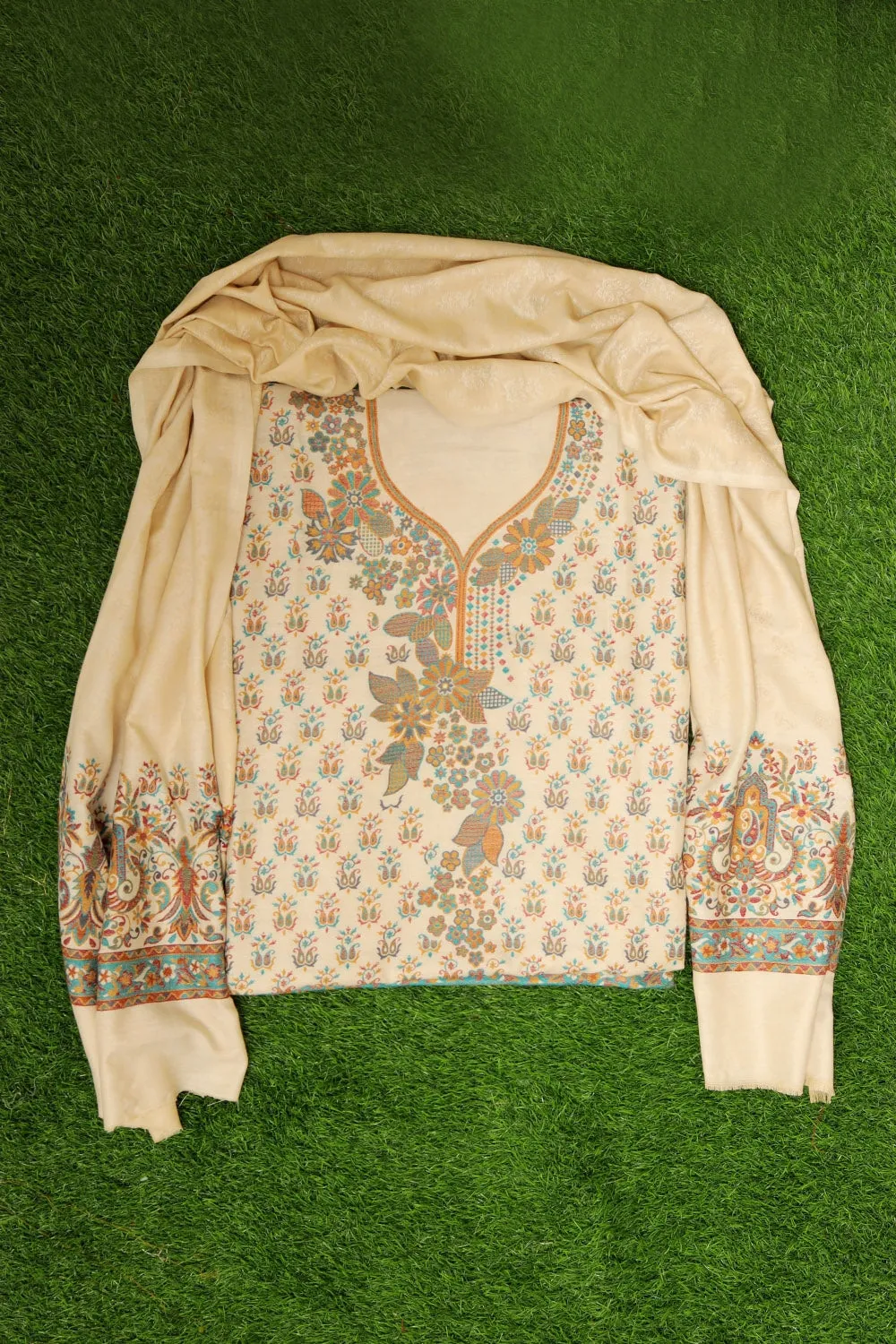 Lovely Ivory White Colour Cotton Zari Kani Stole Suit With Self Woven Embroidery Known For Its Unique Design.