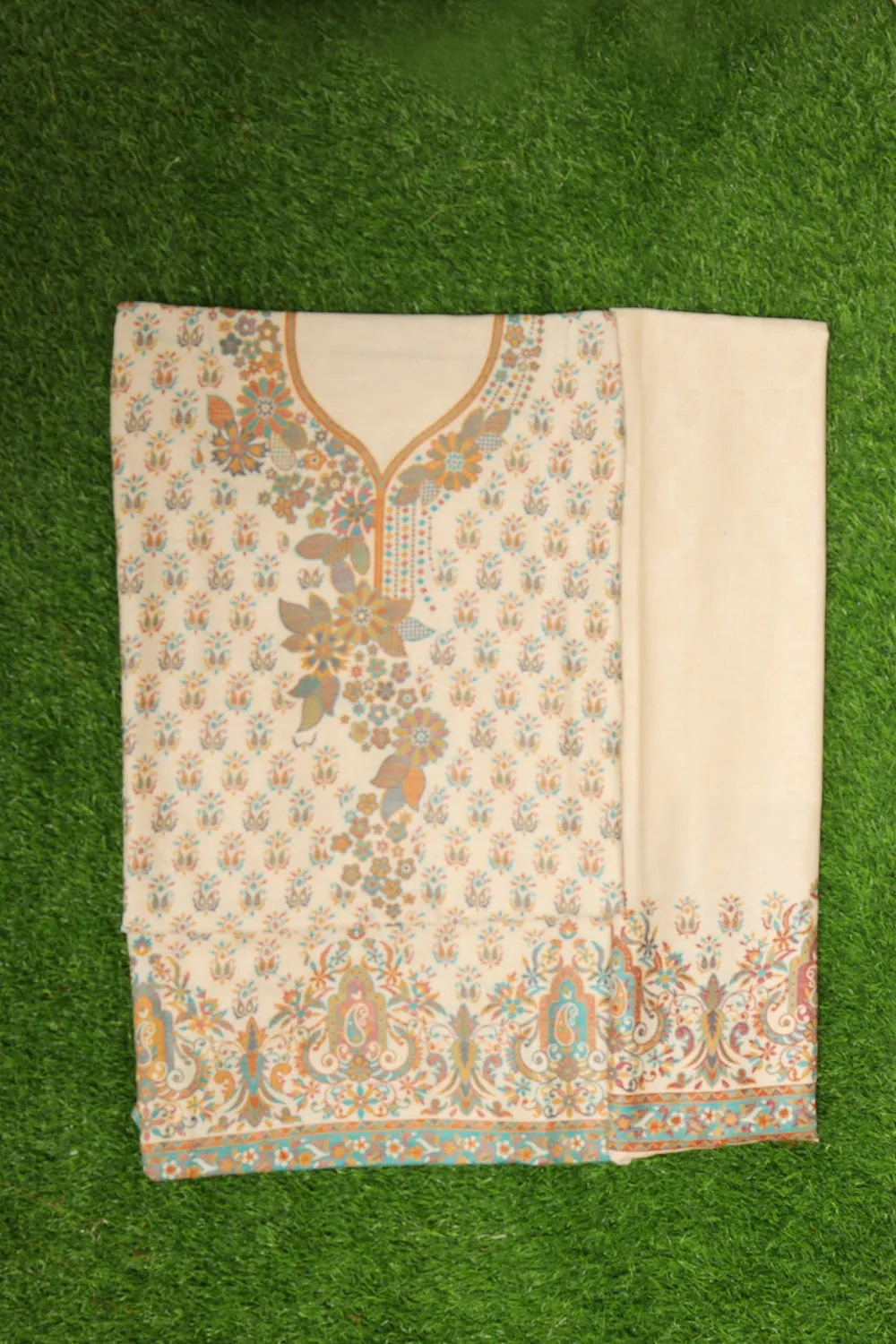 Lovely Ivory White Colour Cotton Zari Kani Stole Suit With Self Woven Embroidery Known For Its Unique Design.