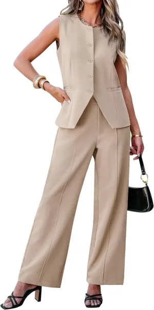 luvamia Vest Pants Suits for Women Dressy 2 Piece Business Casual Outfits Sleeveless Blazer Wide Leg Pants Pantsuit Sets