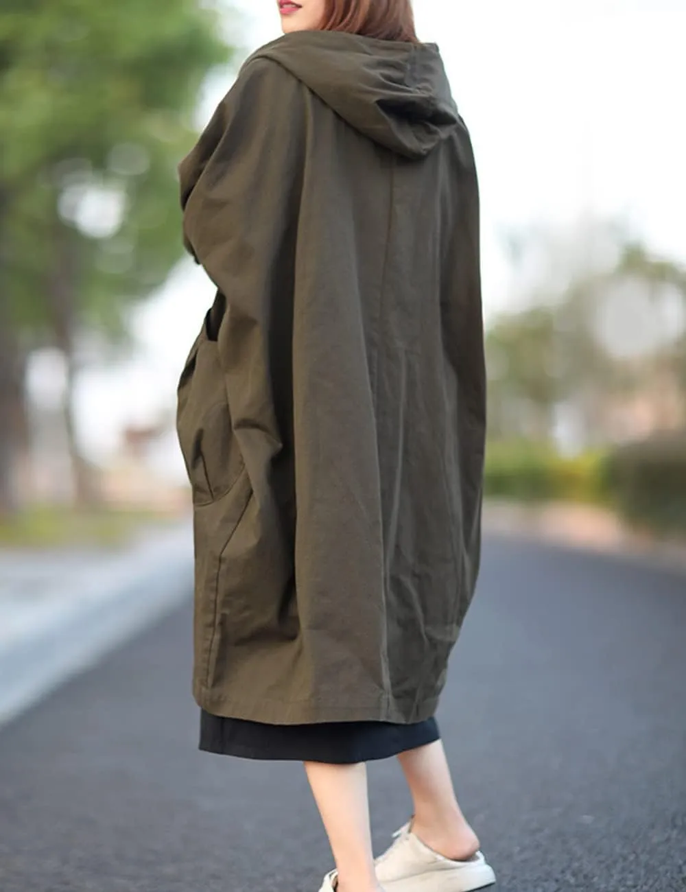 LUZU JUNU Women Fashion Loose Trench Jacket Hooded Coat Casual Long Sleeve Button Down Baggy Plus Size Outerwear