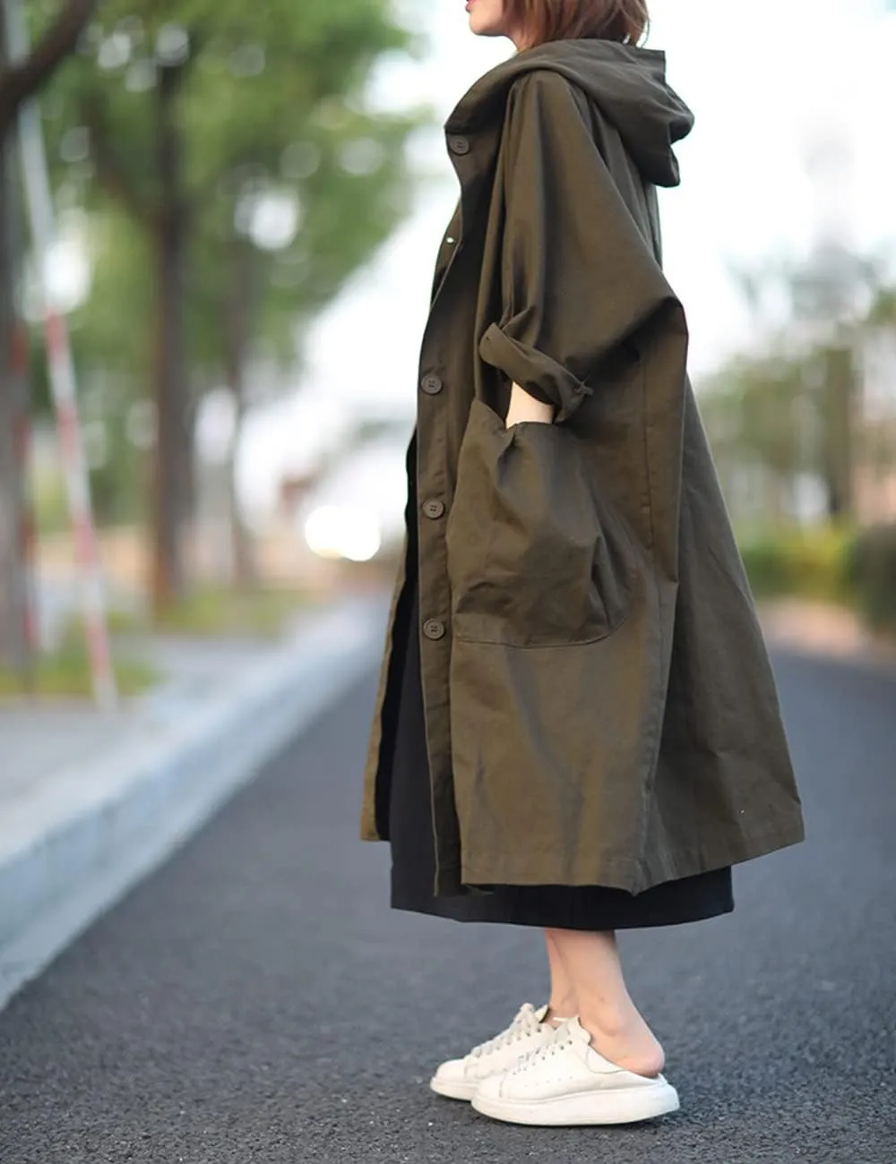 LUZU JUNU Women Fashion Loose Trench Jacket Hooded Coat Casual Long Sleeve Button Down Baggy Plus Size Outerwear