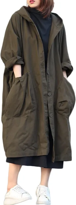 LUZU JUNU Women Fashion Loose Trench Jacket Hooded Coat Casual Long Sleeve Button Down Baggy Plus Size Outerwear