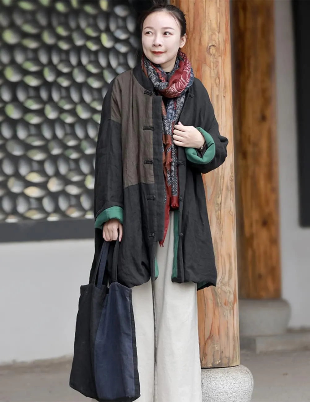 LUZU JUNU Women's Cotton Padded Coats Mid-Length Quilted Chinese Style Fall Winter Patchwork Jackets