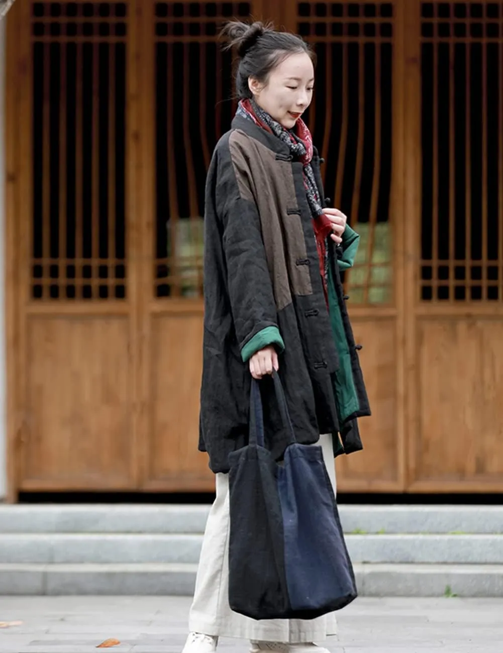 LUZU JUNU Women's Cotton Padded Coats Mid-Length Quilted Chinese Style Fall Winter Patchwork Jackets