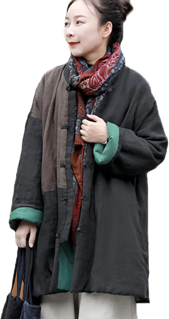 LUZU JUNU Women's Cotton Padded Coats Mid-Length Quilted Chinese Style Fall Winter Patchwork Jackets