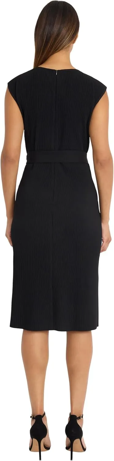 Maggy London Women's Midi Sheath Cap Sleeves-Self-tie Belt-Textured Rib-Knit Fabric-Versatile Cocktail Dress
