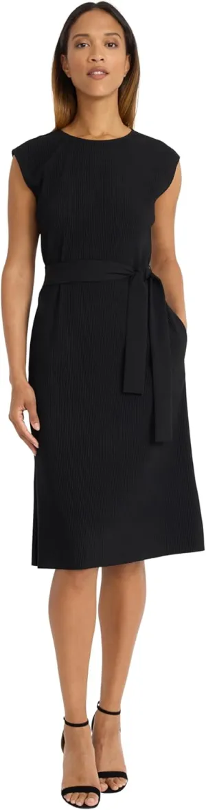 Maggy London Women's Midi Sheath Cap Sleeves-Self-tie Belt-Textured Rib-Knit Fabric-Versatile Cocktail Dress