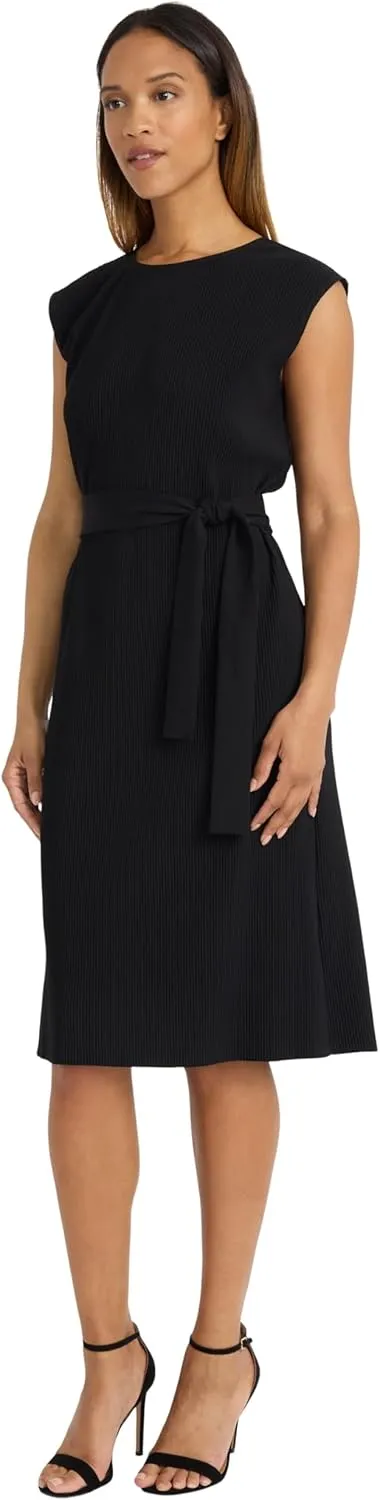 Maggy London Women's Midi Sheath Cap Sleeves-Self-tie Belt-Textured Rib-Knit Fabric-Versatile Cocktail Dress