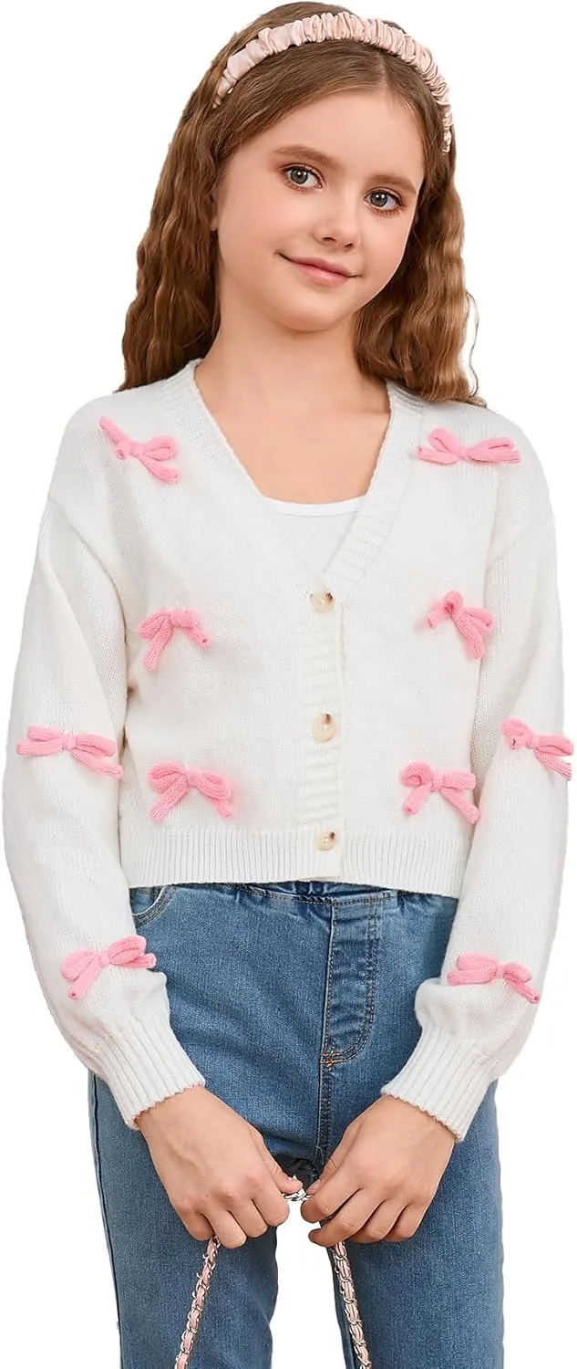 MakeMeChic Girl's 3D Bow Long Sleeve V Neck Button Down Cardigan Sweater Knitted Outerwear