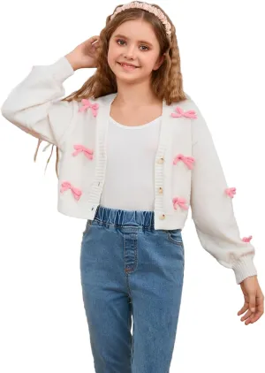 MakeMeChic Girl's 3D Bow Long Sleeve V Neck Button Down Cardigan Sweater Knitted Outerwear