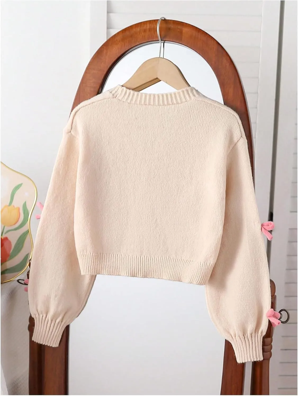 MakeMeChic Girl's 3D Bow Long Sleeve V Neck Button Down Cardigan Sweater Knitted Outerwear