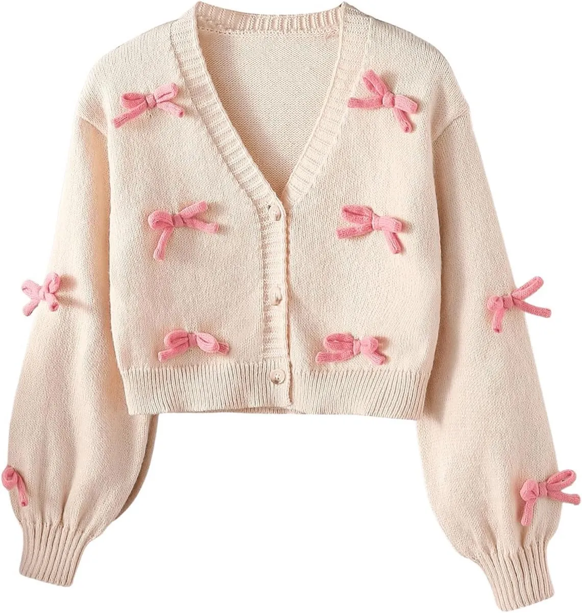 MakeMeChic Girl's 3D Bow Long Sleeve V Neck Button Down Cardigan Sweater Knitted Outerwear