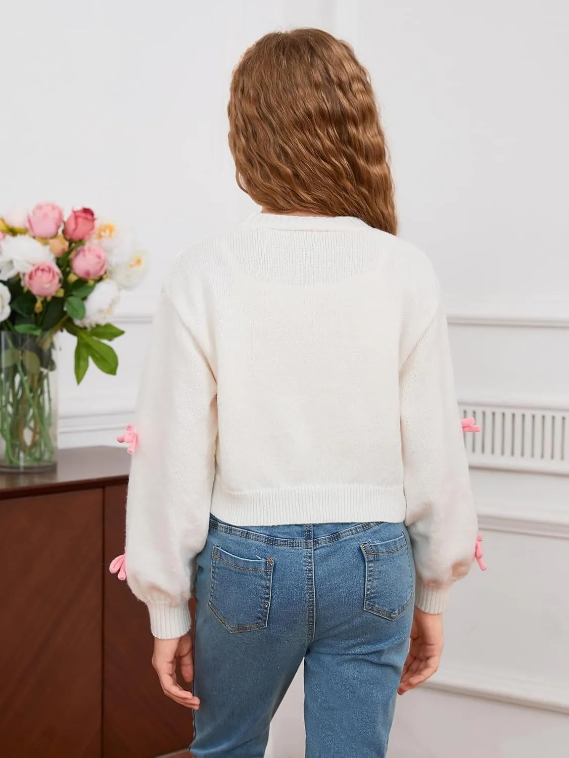 MakeMeChic Girl's 3D Bow Long Sleeve V Neck Button Down Cardigan Sweater Knitted Outerwear