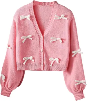 MakeMeChic Girl's 3D Bow Long Sleeve V Neck Button Down Cardigan Sweater Knitted Outerwear