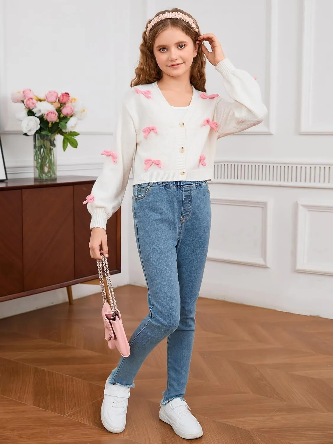 MakeMeChic Girl's 3D Bow Long Sleeve V Neck Button Down Cardigan Sweater Knitted Outerwear