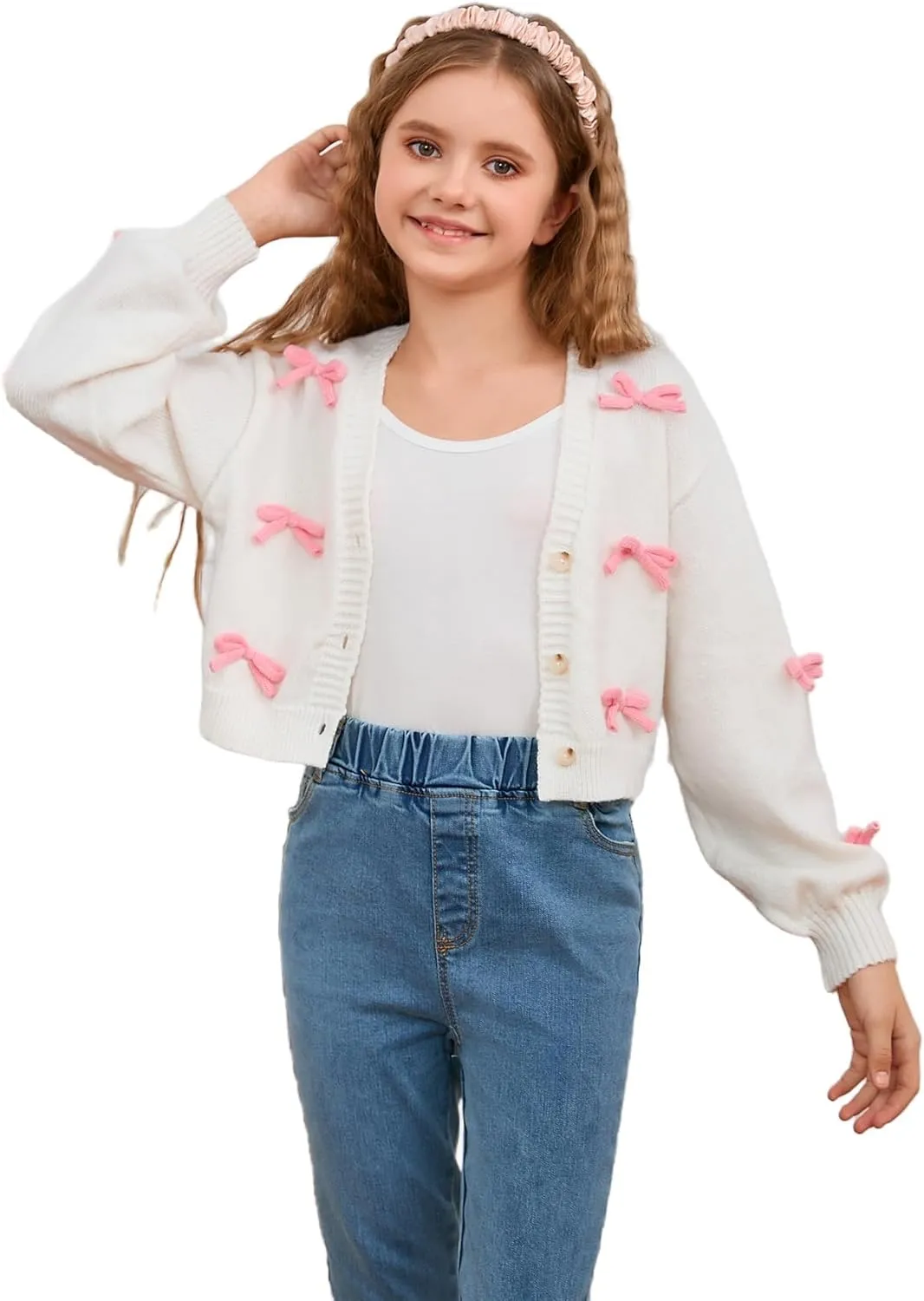 MakeMeChic Girl's 3D Bow Long Sleeve V Neck Button Down Cardigan Sweater Knitted Outerwear