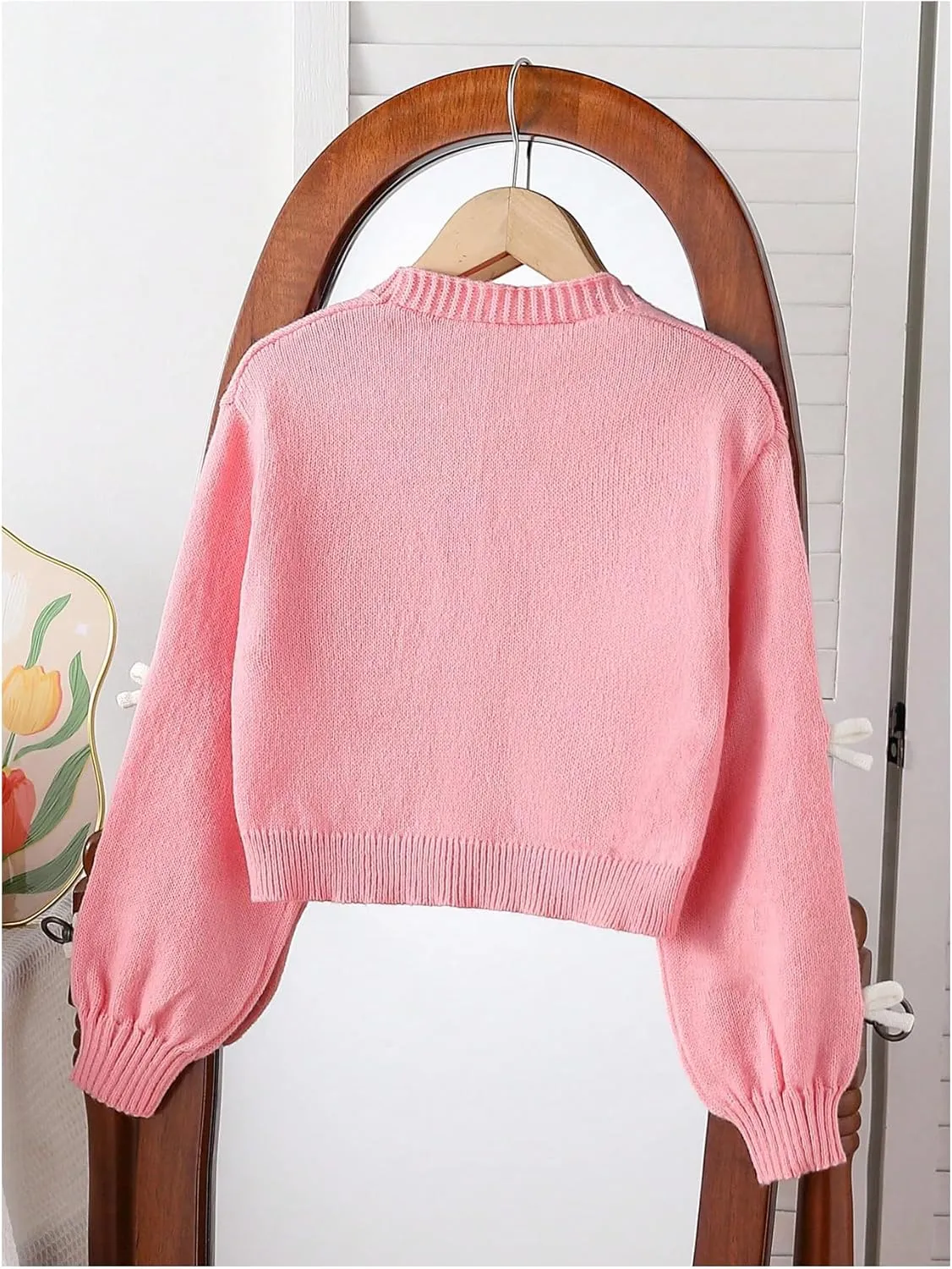 MakeMeChic Girl's 3D Bow Long Sleeve V Neck Button Down Cardigan Sweater Knitted Outerwear