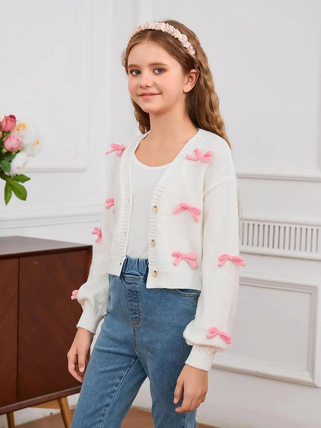 MakeMeChic Girl's 3D Bow Long Sleeve V Neck Button Down Cardigan Sweater Knitted Outerwear