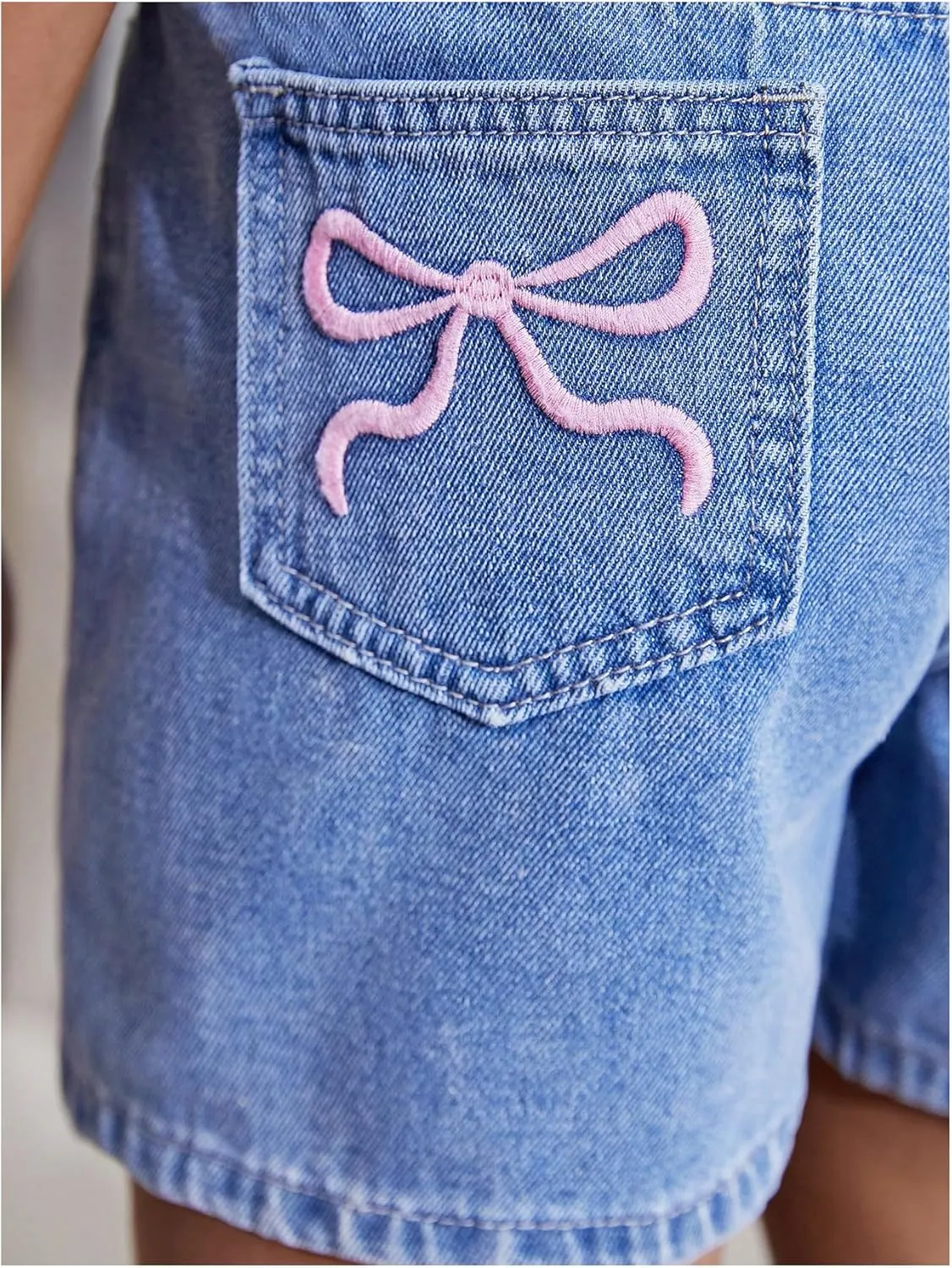 MakeMeChic Girl's Denim Shorts Bow Embroidery Straight Leg Bermuda Jean Shorts with Pockets