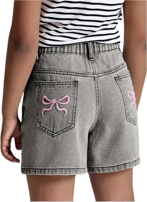 MakeMeChic Girl's Denim Shorts Bow Embroidery Straight Leg Bermuda Jean Shorts with Pockets