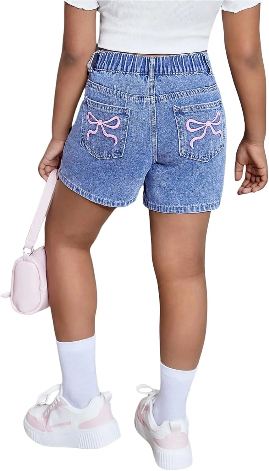 MakeMeChic Girl's Denim Shorts Bow Embroidery Straight Leg Bermuda Jean Shorts with Pockets