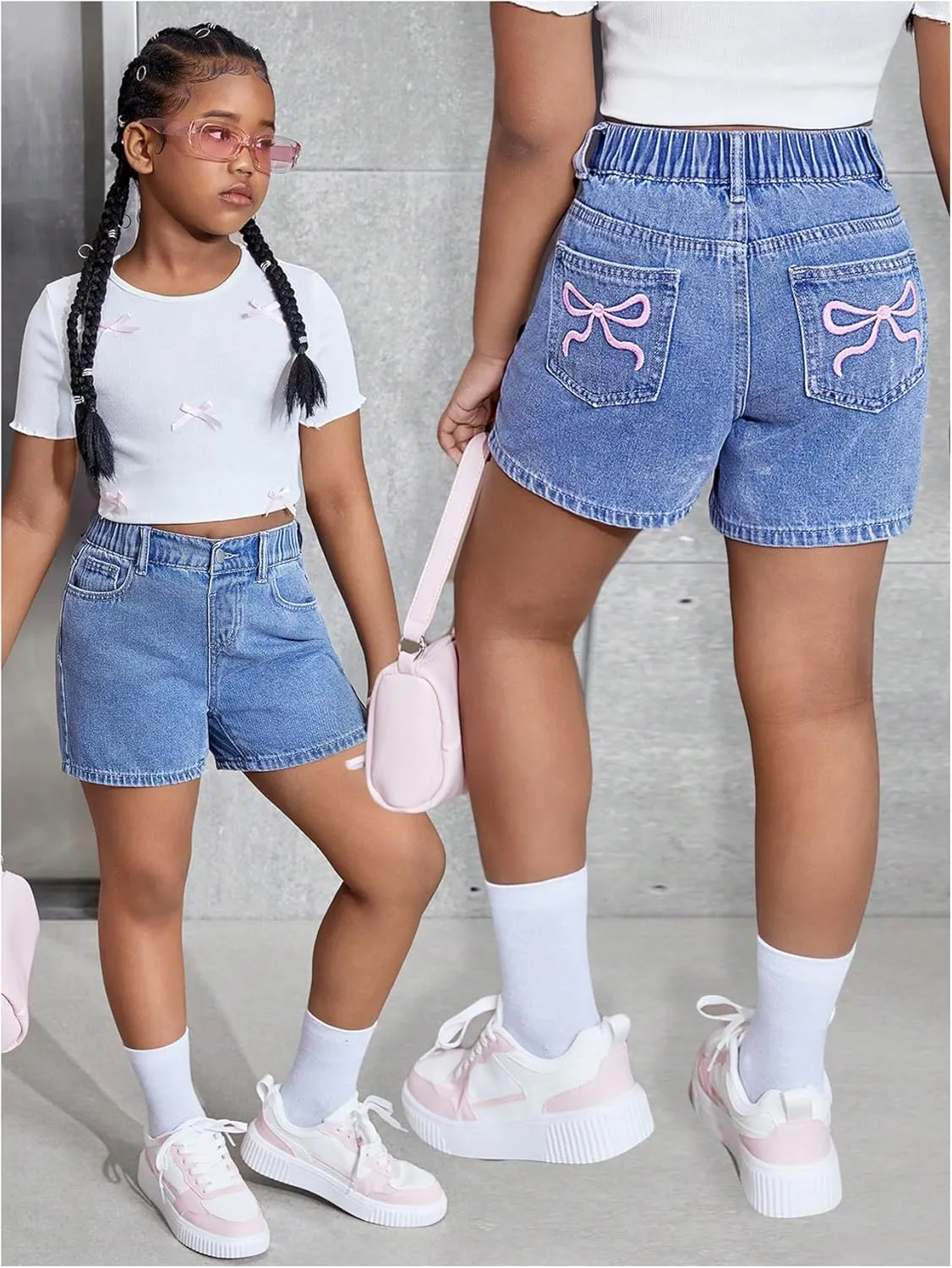 MakeMeChic Girl's Denim Shorts Bow Embroidery Straight Leg Bermuda Jean Shorts with Pockets