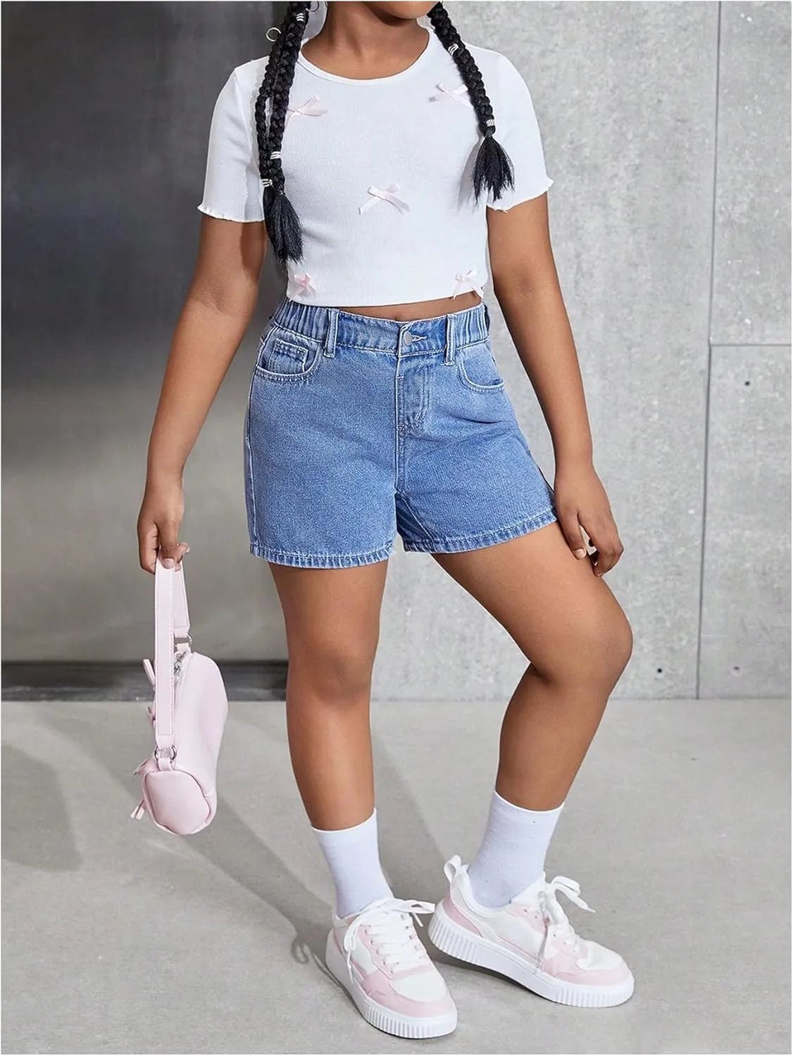 MakeMeChic Girl's Denim Shorts Bow Embroidery Straight Leg Bermuda Jean Shorts with Pockets